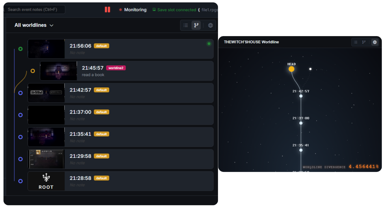 WorldLine timeline interface for branching save history
