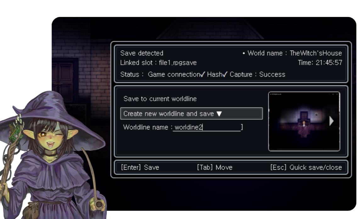WorldLine save management interface during gameplay